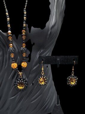 Sunshine Creations Necklace & Earring Set – Amber Black Glass Statement Design